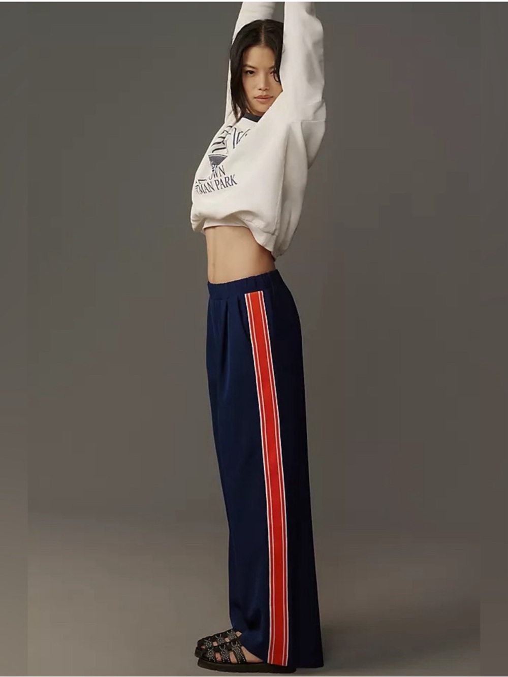 bishop + young Navy Track Pants with Red Side Stripe